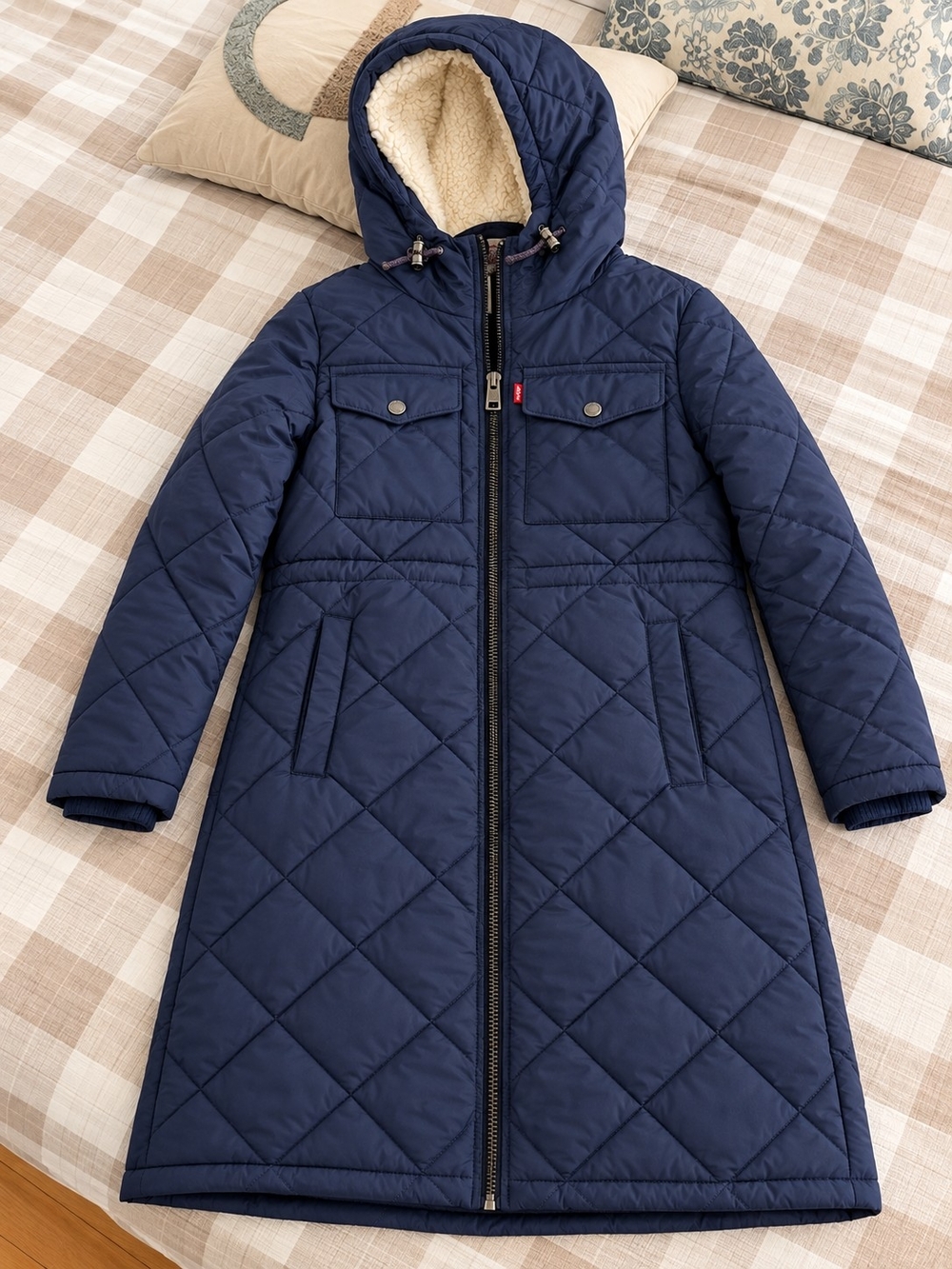 Levi's Navy Quilted Hooded Puffer Coat with Sherpa Hood